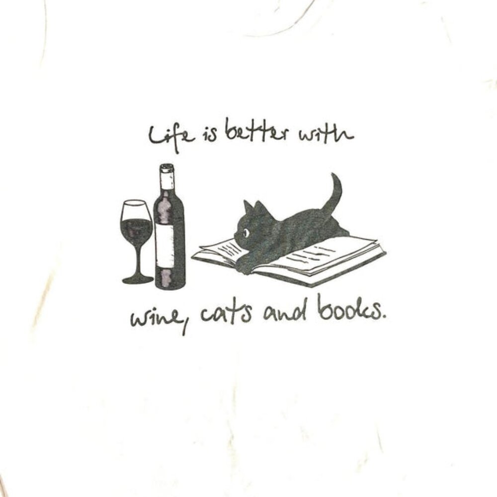 "Life is Better with Wine, Cats, & Books" NOS Ladies L White T-Shirt